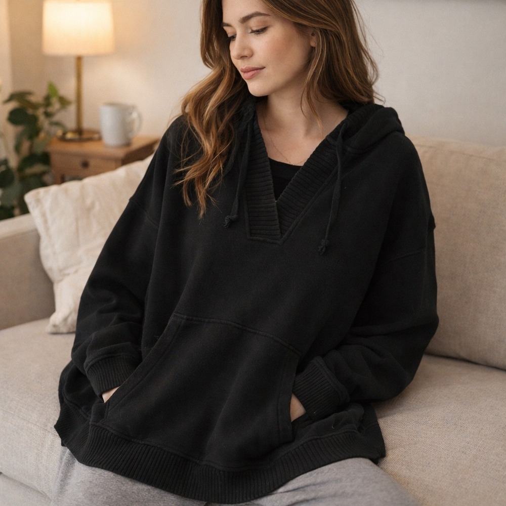 Aerie Black Oversized Hoodie Pullover Kangaroo Pocket Lounge Minimalist Sz Lg